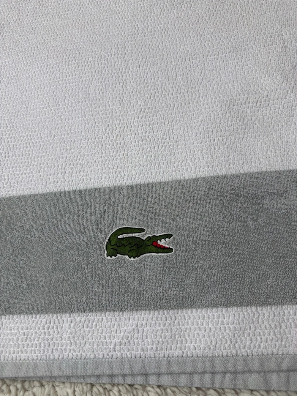 Lacoste White Towel with Gray Band and Green Crocodile Embroidery 100% Cotton